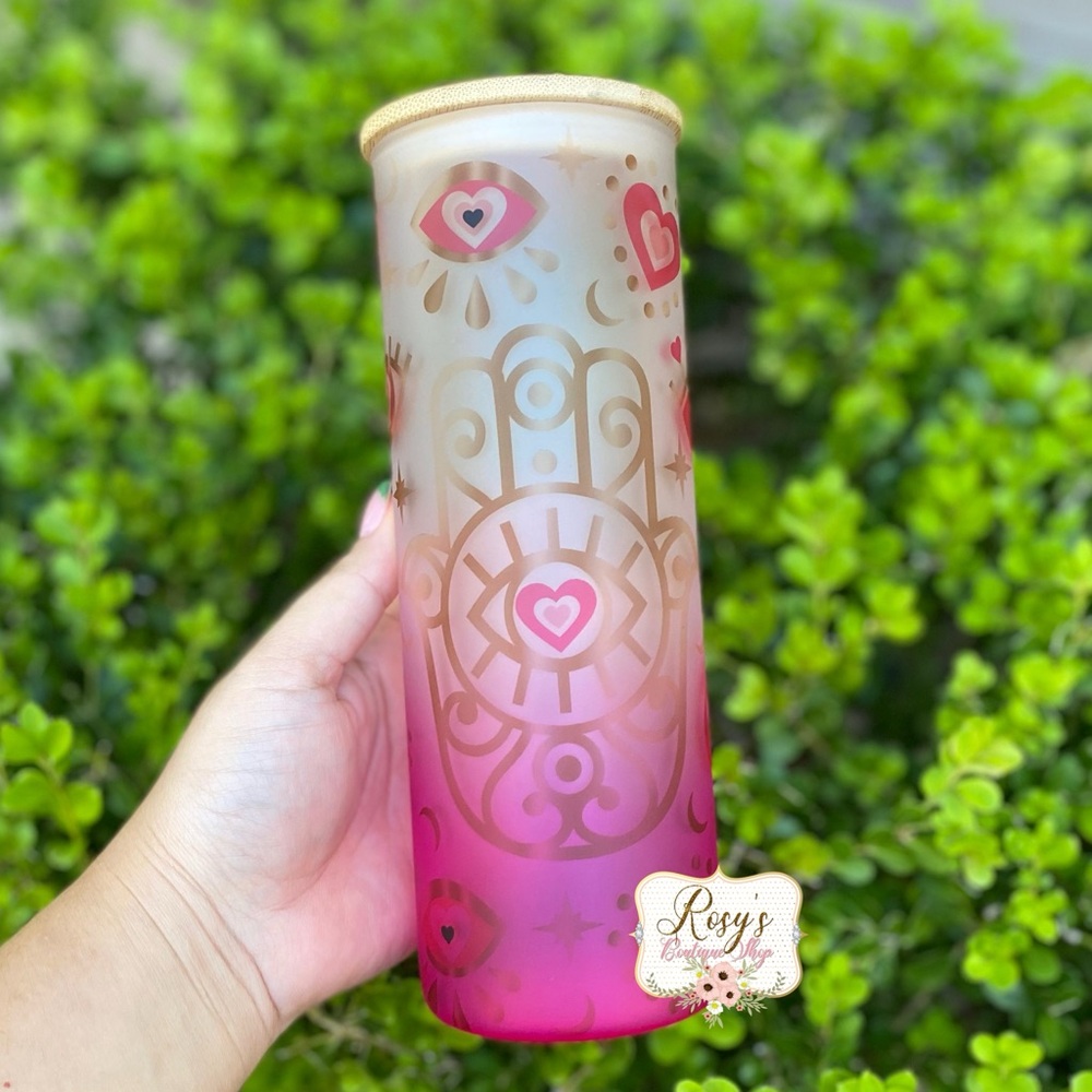 Pink Evil Eye 25oz Glass Tumbler with Bamboo lid